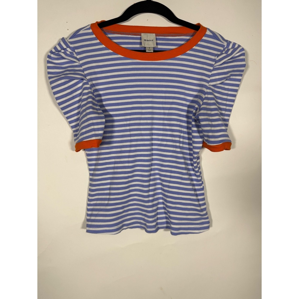 Maeve Anthropologie Blue White Striped Puff Sleeve Ringer Top Orange Trim Small